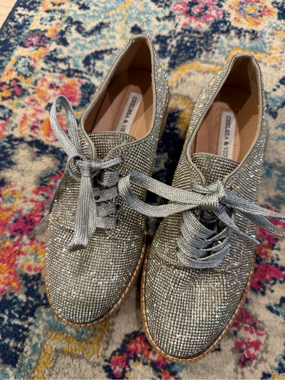 Chelsea & Violet Silver Rhinestone Lace-Up Dress Oxfords - Picture 1 of 7